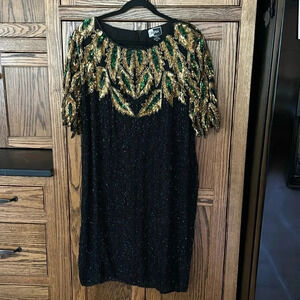 Vintage VTG 1980s 80s Carina Silk Black Green Gold Leaf Sequin Party Dress Sz 2X